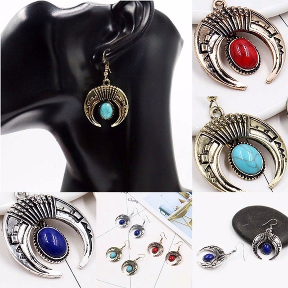 Boho Red Marble Crescent Horn Dangle Earrings - Picture 4 of 7